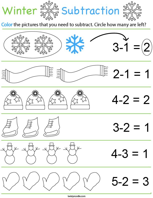 Preschool Math- Color and Subtract Math Worksheet - Twisty Noodle